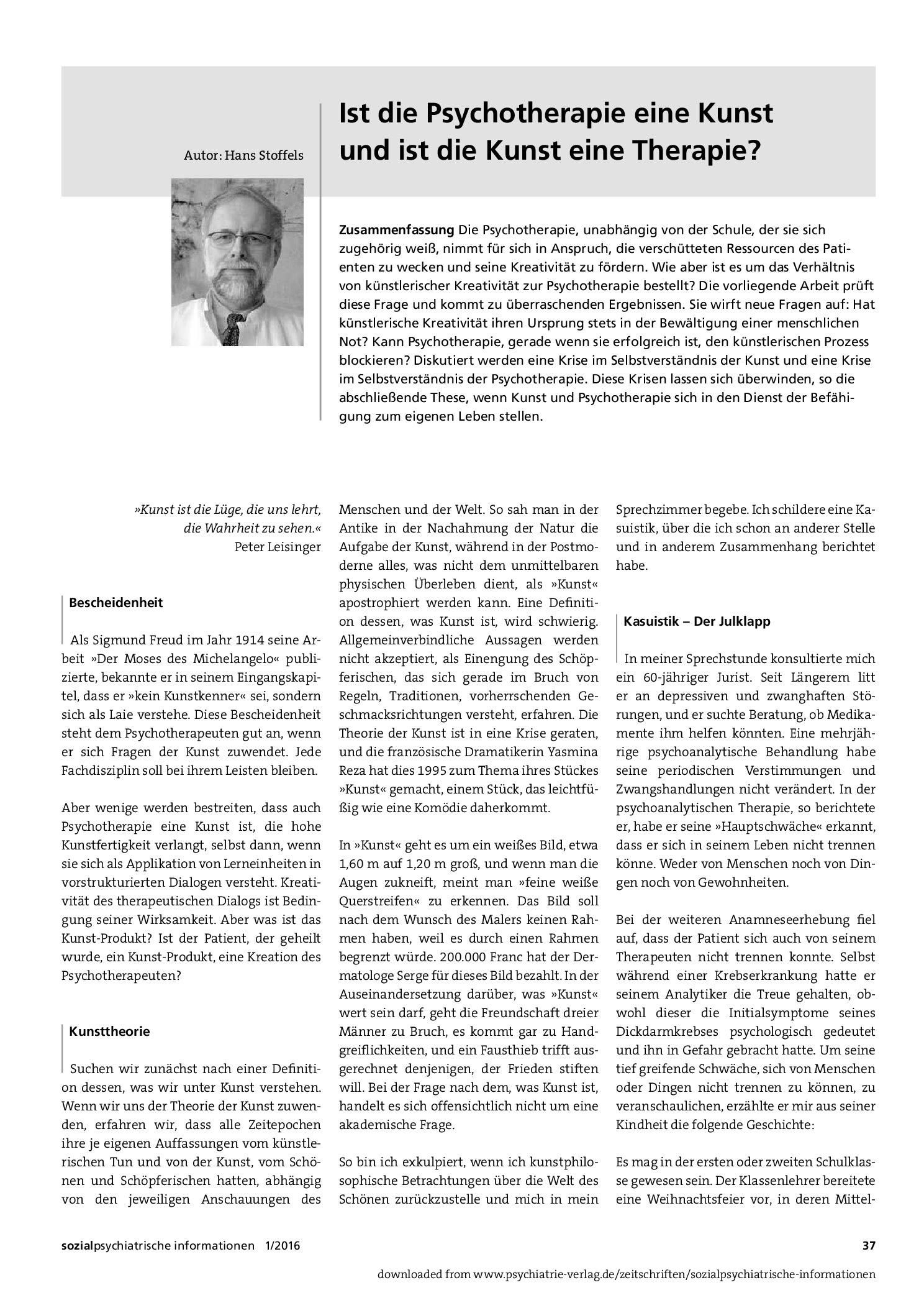 Vorschauseite 1: Ist die Psychotherapie eine Kunst und ist die Kunst eine Therapie?