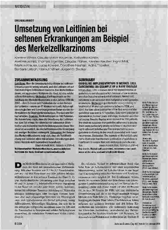 Vorschauseite 1: Umsetzung von Leitlinien bei seltenen Erkrankungen am Beispiel des Merkelzellkarzinoms