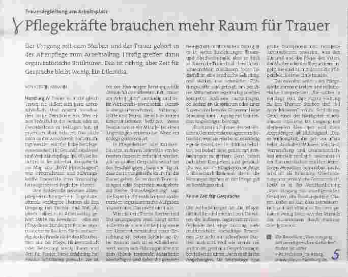 Vorschauseite 1: Pflegekräfte brauchen mehr Raum für Trauer