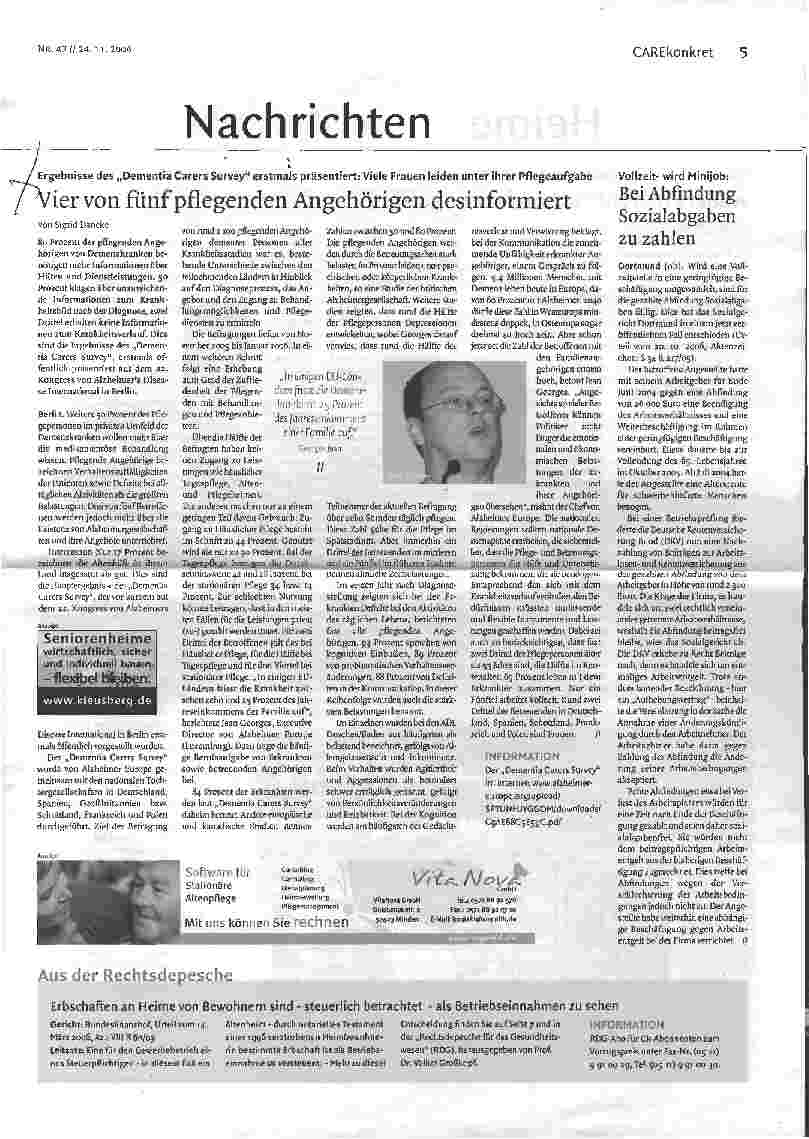 Vorschauseite 1: Ergebnisse des Dementia Carers Survey erstmals präsentiert: Viele Frauen leiden unter ihrer PflegeaufgabeVier von fünf pflegenden Angehörigen desinformiert