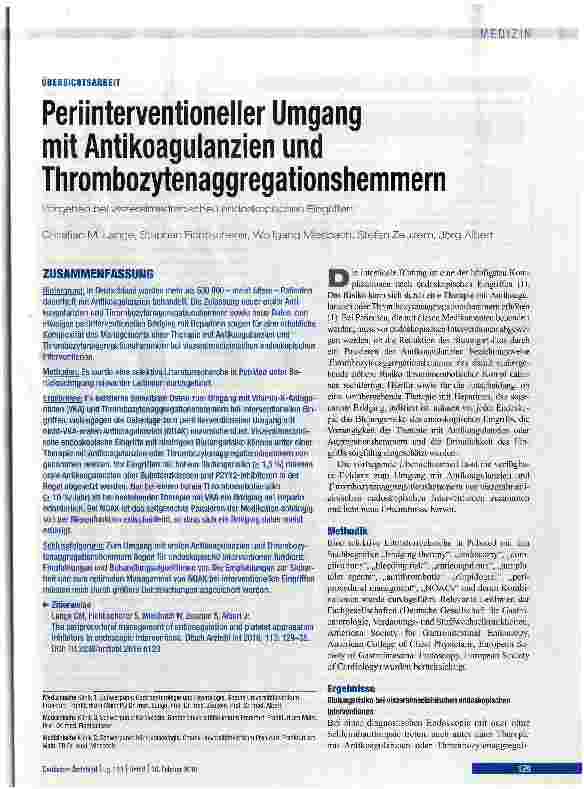 Vorschauseite 1: Periinterventioneller Umgang mit Antikoagulanzien und Thrombozytenaggregationshemmern