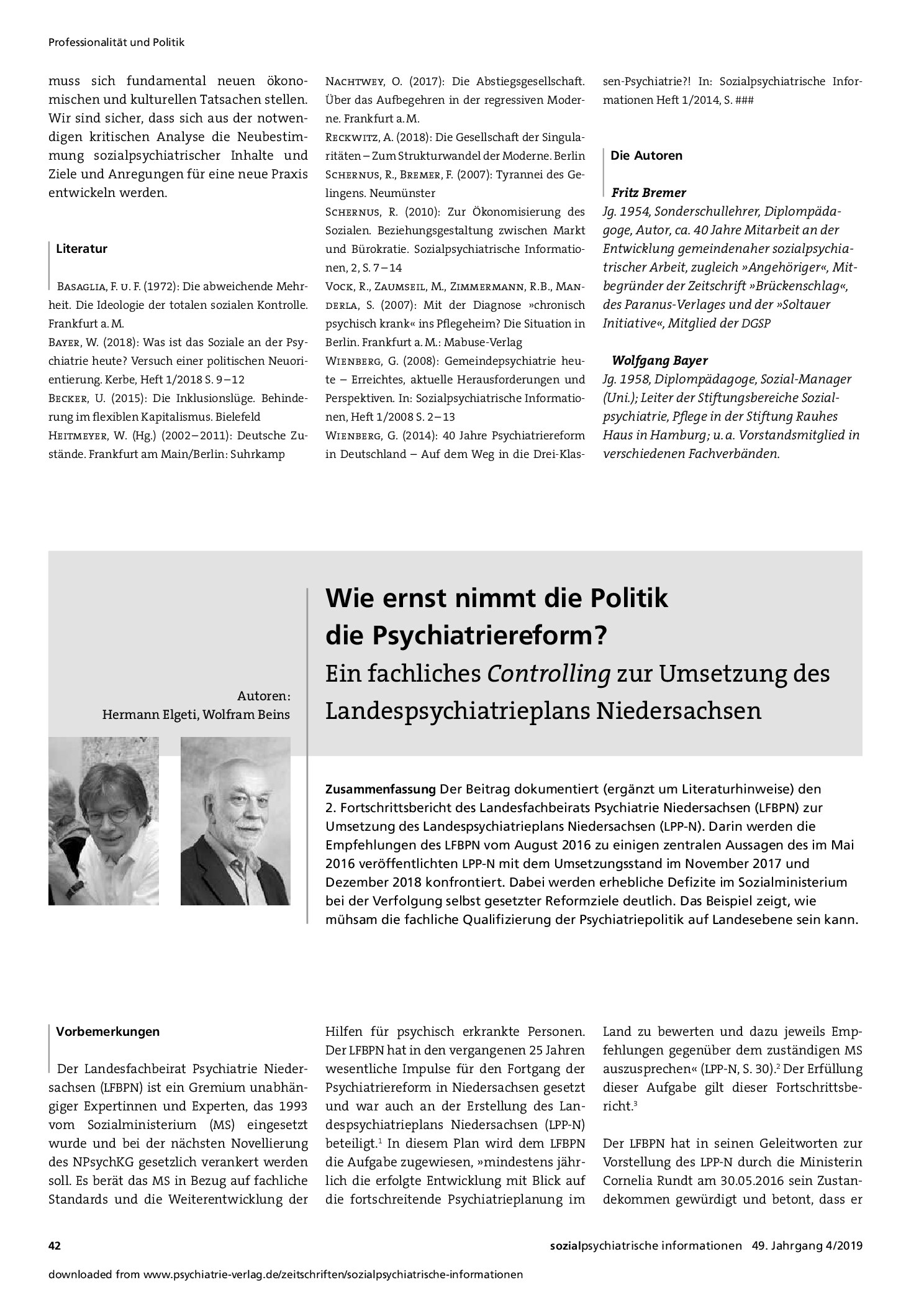 Vorschauseite 1: Wie ernst nimmt die Politik die Psychiatriereform? Ein fachliches Controlling zur Umsetzung des Landespsychiatrieplans Niedersachsen