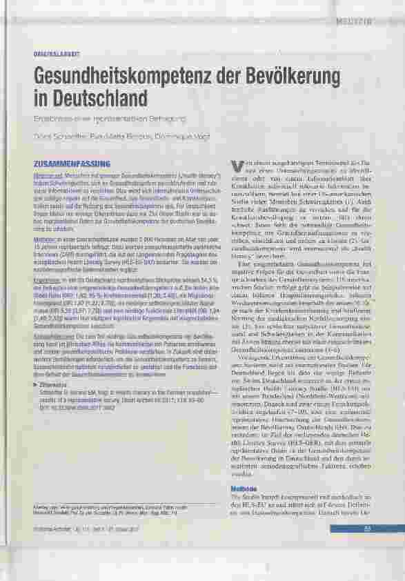 Vorschauseite 1: Gesundheitskompetenz der Bevölkerung in Deutschland