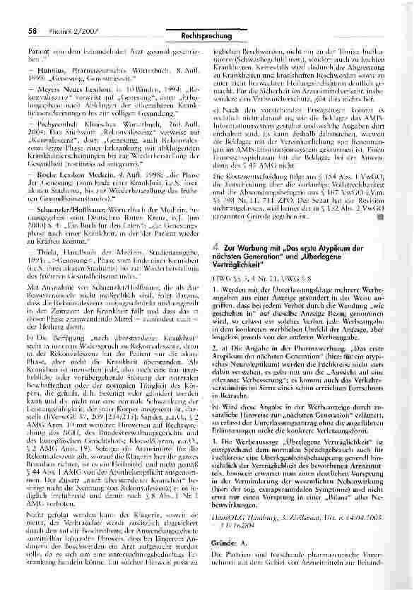 Vorschauseite 1: Zur Werbung mit Das erste Atypikum der nächsten Generation und Überlegene VerträglichkeitHWG §§ 394 Nr. 11, UWG § 8