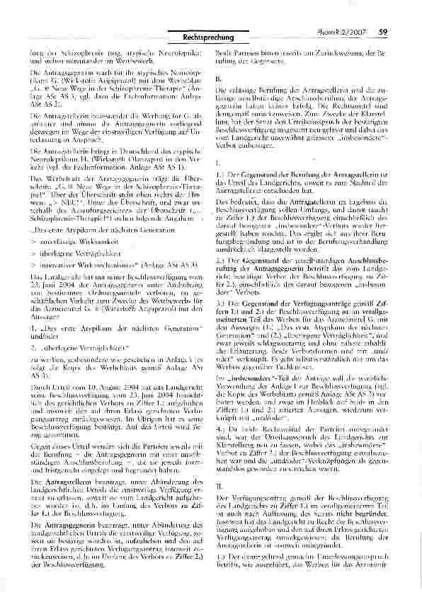 Vorschauseite 2: Zur Werbung mit Das erste Atypikum der nächsten Generation und Überlegene VerträglichkeitHWG §§ 394 Nr. 11, UWG § 8