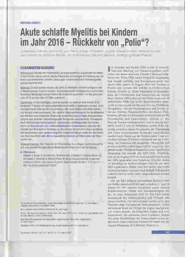 Vorschauseite 1: Akute schlaffe Myelitis bei Kindern im Jahr 2016 - Rückkehr von „Polio“?