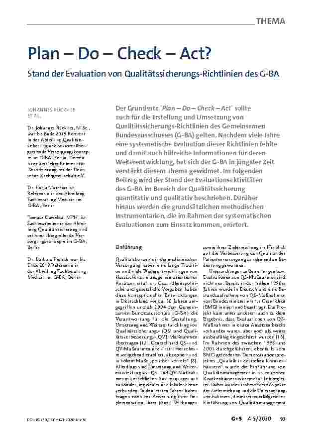 Vorschauseite 1: Plan – Do – Check – Act? Stand der Evaluation von Qualitätssicherungs-Richtlinien des G-BA