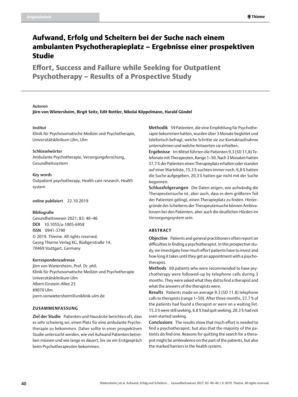 Vorschauseite 1: Aufwand, Erfolg und Scheitern bei der Suche nach einem ambulanten Psychotherapieplatz ? Ergebnisse einer prospektiven Studie