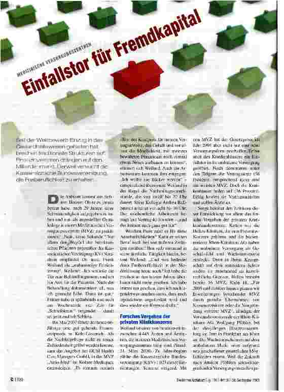 Vorschauseite 1: Medizinische Versorgungszentren FINFALLSTOR FÜR FREMDKAPITAL