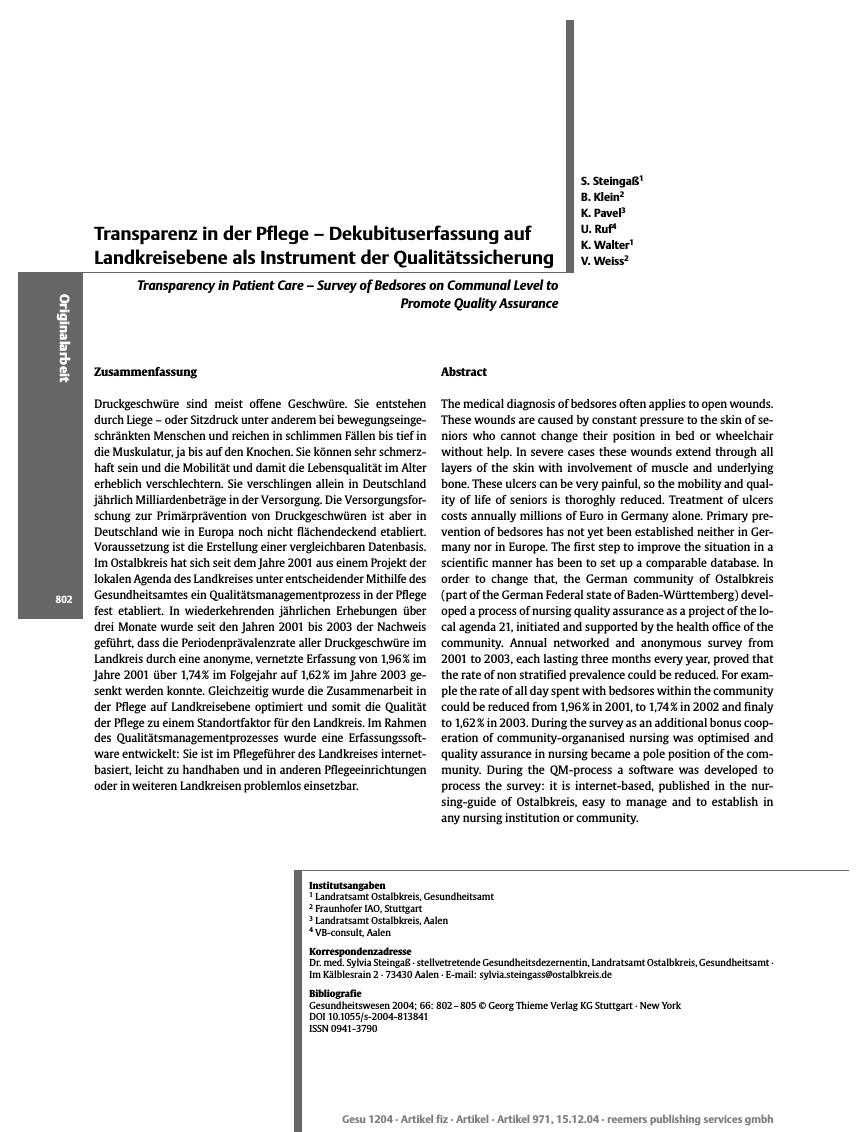 Vorschauseite 1: Transparenz in der Pflege - Dekubituserfassung auf Landkreisebene als Instrument der Qualitätssicherung