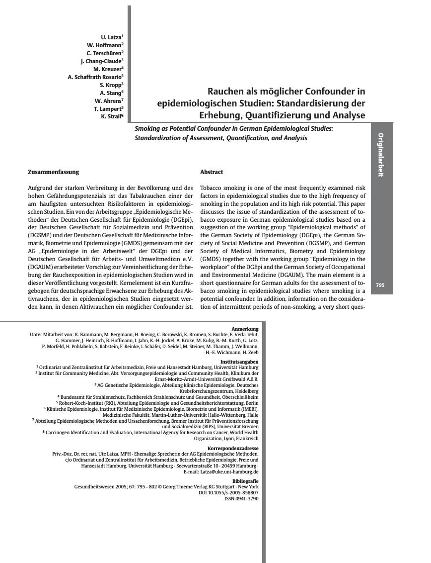 Vorschauseite 1: Rauchen als möglicher Confounder in epidemiologischen Studien: Standardisierung der Erhebung, Quantifizierung und Analyse