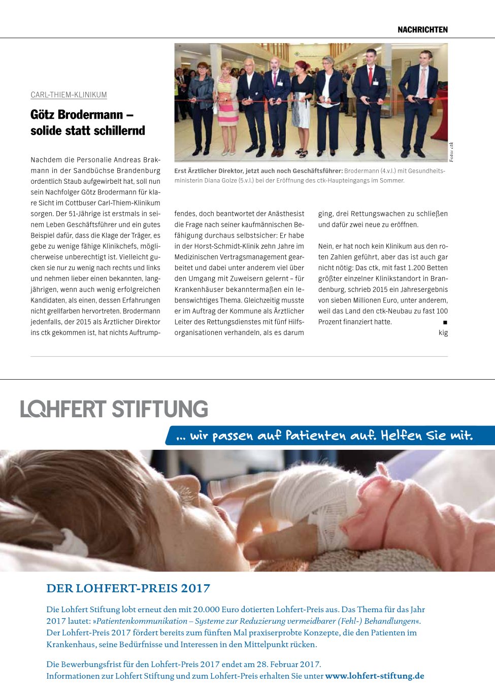Vorschauseite 1: Carl-Thiem-Klinikum: Götz Brodermann ? solide statt schillernd
