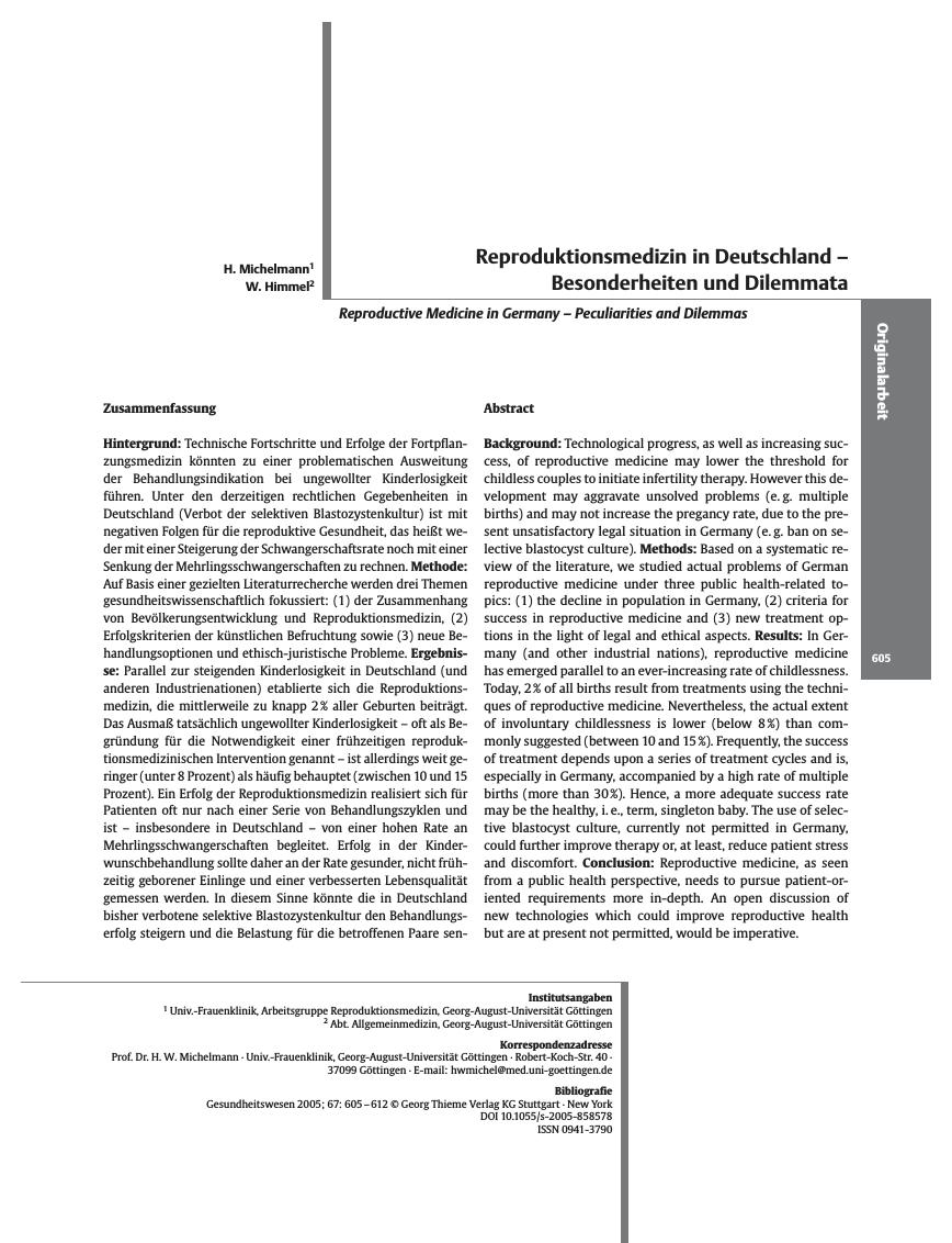 Vorschauseite 1: Reproduktionsmedizin in Deutschland – Besonderheiten und Dilemmata