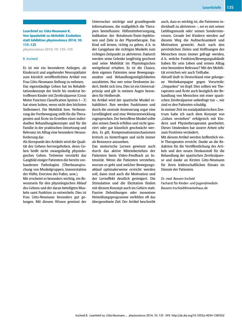Vorschauseite 1: Leserbrief zu: Götz-Neumann K. Von Spastizität zu Aktivität: Exzitation statt Inhibition physioscience 2014; 10: 115–125