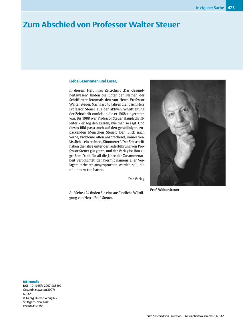 Vorschauseite 1: Zum Abschied von Professor Walter Steuer