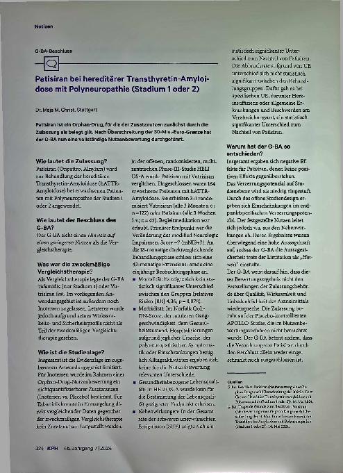 Vorschauseite 1: Patisiran bei hereditärer Transthyretin-Amyloidose mit Polyneuropathie (Stadium 1 oder 2)