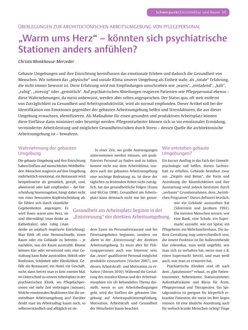 Vorschauseite 1: ? Warm ums Herz? ? könnten sich psychiatrische Stationen anders anfühlen?