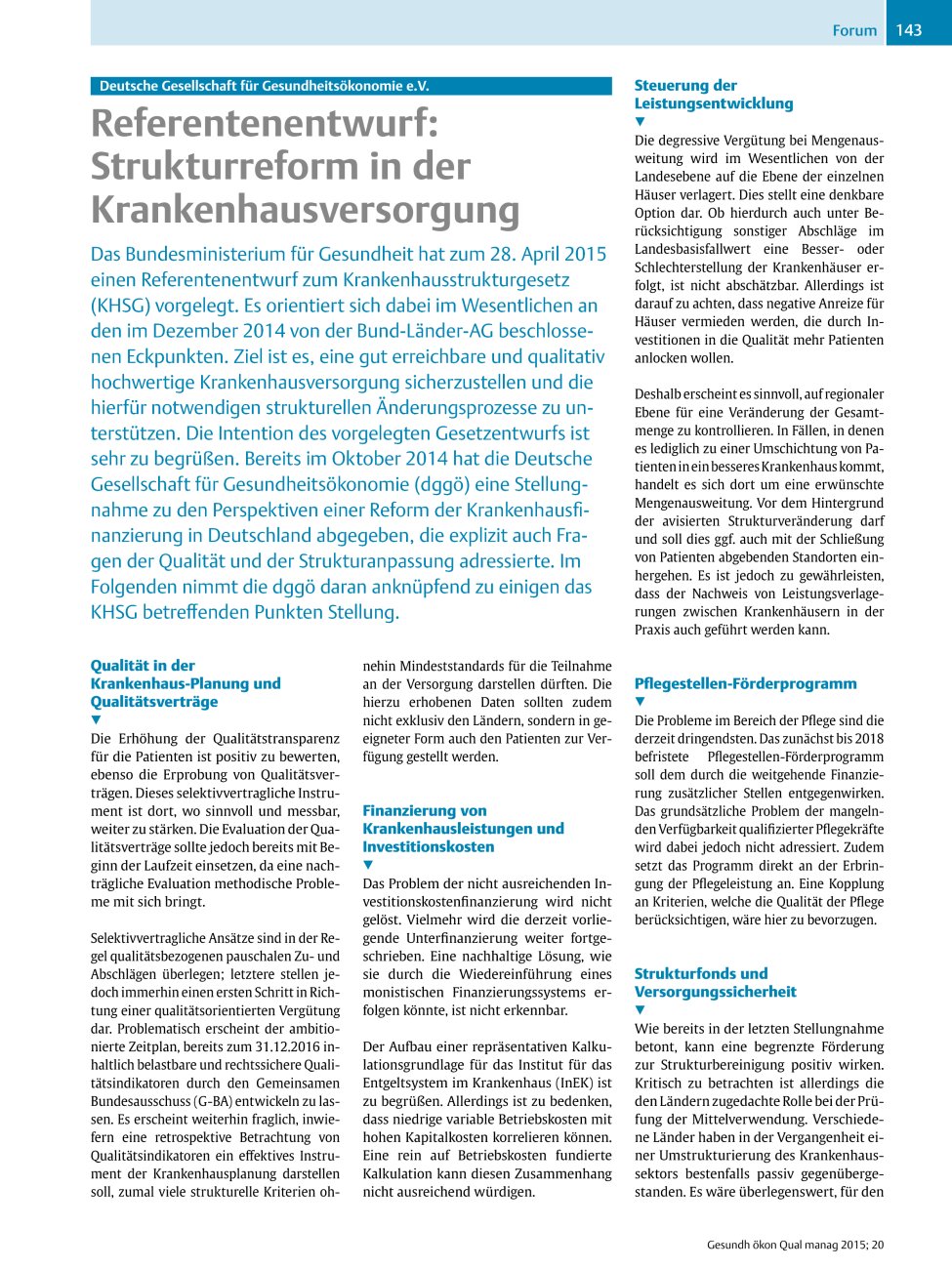 Vorschauseite 1: Deutsche Gesellschaft für Gesundheitsökonomie e.V. – Referentenentwurf: Strukturreform in der Krankenhausversorgung
