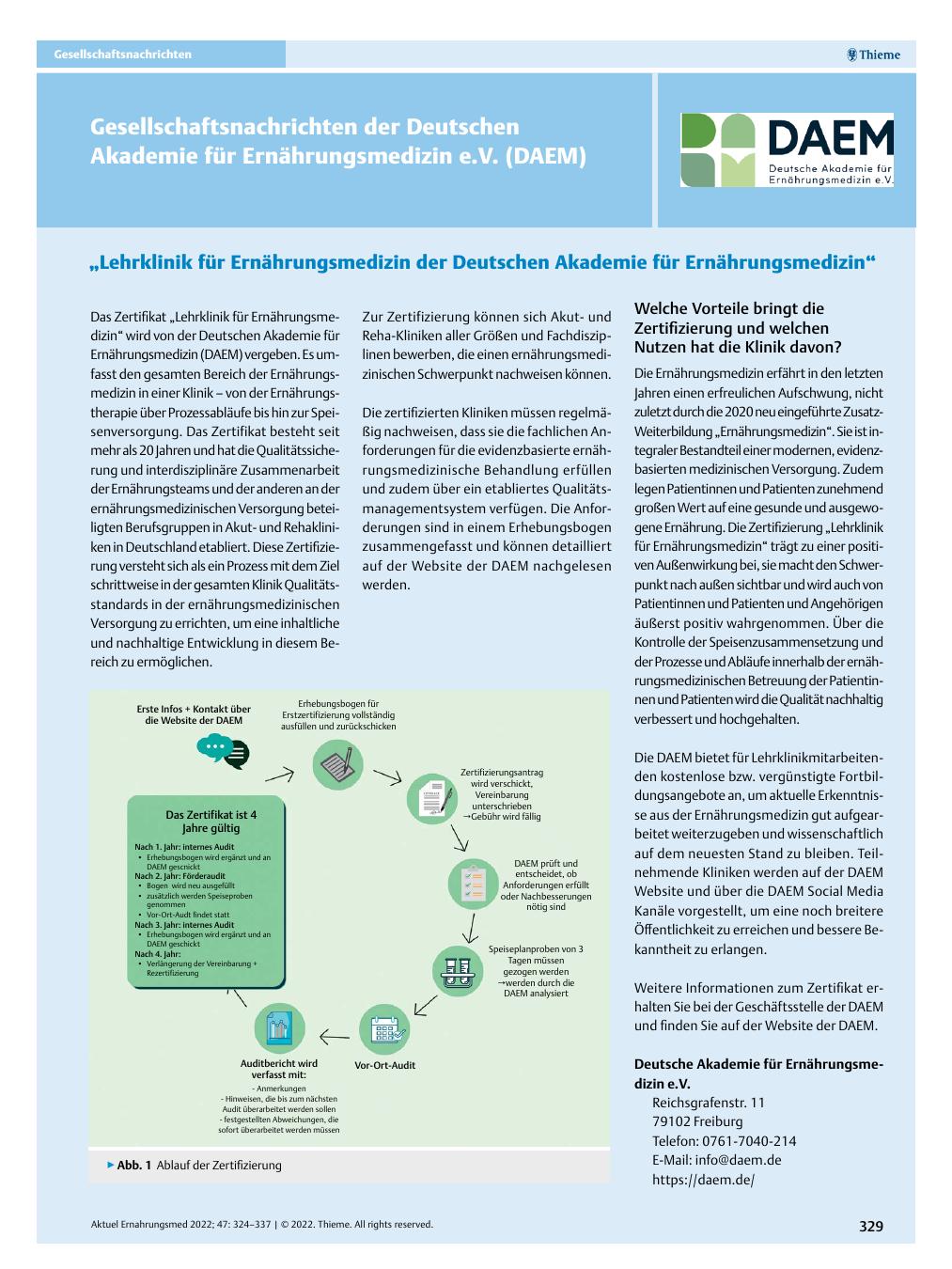 Vorschauseite 1: Gesellschaftsnachrichten der Deutschen Akademie für Ernährungsmedizin e.V. (DAEM)