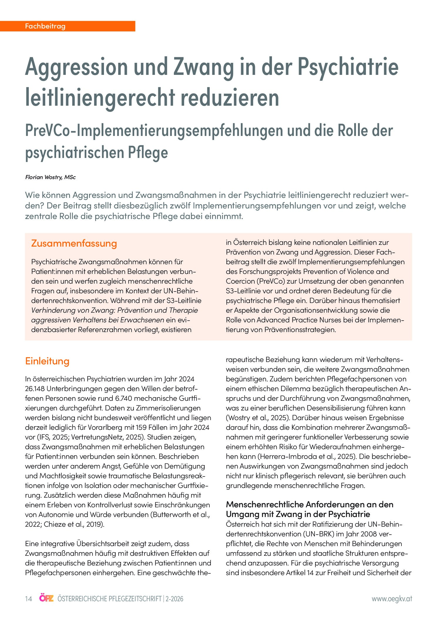 Vorschauseite 1: Aggression und Zwang in der Psychiatrie leitliniengerecht reduzieren: PreVCo-Implementierungsempfehlungen und die Rolle der psychiatrischen Pflege