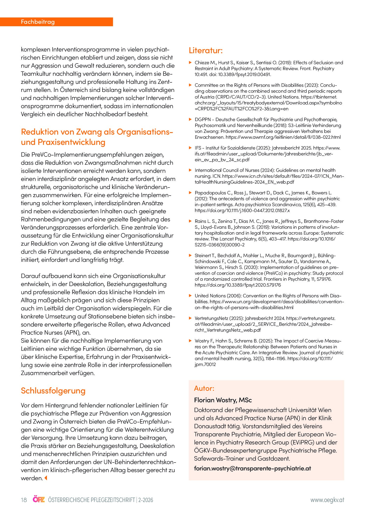 Vorschauseite 5: Aggression und Zwang in der Psychiatrie leitliniengerecht reduzieren: PreVCo-Implementierungsempfehlungen und die Rolle der psychiatrischen Pflege