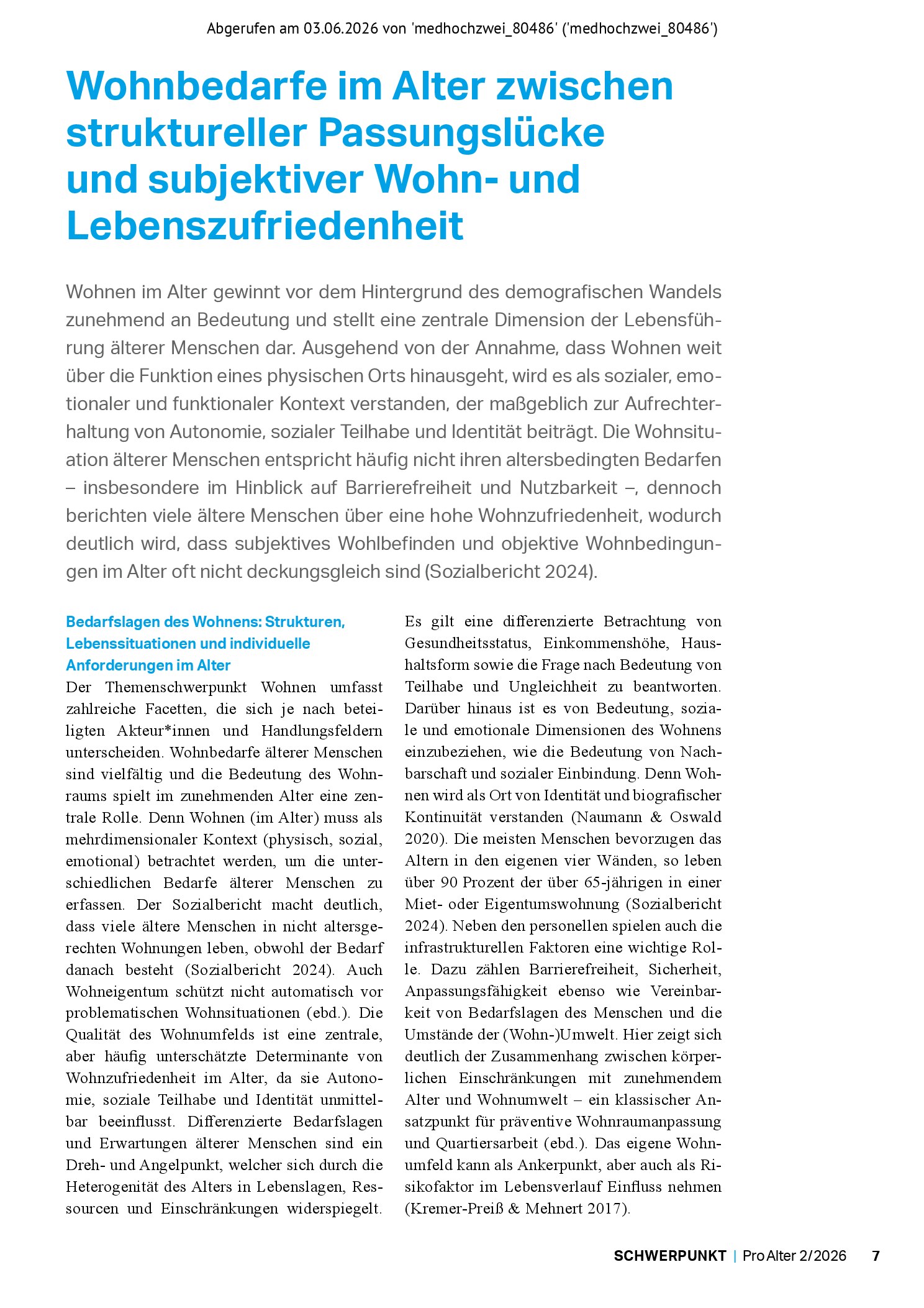 Vorschauseite 1: Wohnbedarfe im Alter zwischen struktureller Passungslücke und subjektiver Wohn- und Lebenszufriedenheit