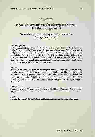 Vorschauseite 1: Pränataldiagnostik aus der Elternperspektive - Ein Erfahrungsbericht Prenatal diagnostics from a parents perspective - An experience report
