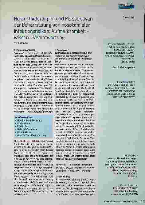 Vorschauseite 1: Herausforderungen und Perspektiven der Beherrschung von nosokomialen Infektionsrisiken: Aufmerksamkeit - Wissen - Verantwortung