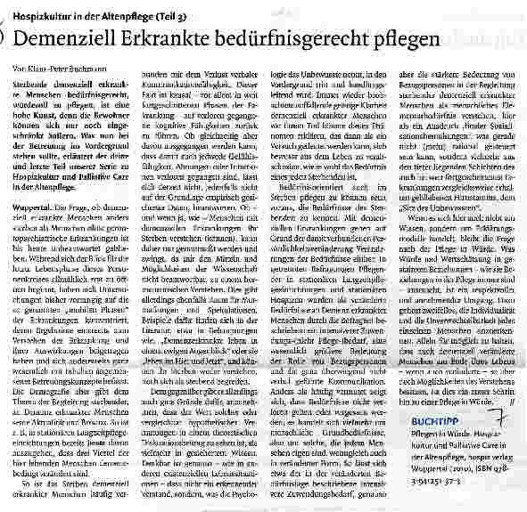 Vorschauseite 1: Hospizkultur in der Altenpflege (Teil 3) Demenziell Erkrankte bedürfnisgerecht pflegen