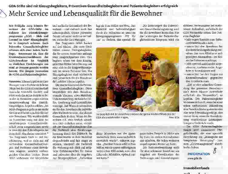 Vorschauseite 1: GDA-Stifte sind mit Einzugsbegleitern, Präventiven Gesundheitsbegleitern und Patientenbegleitern erfolgreich Mehr Service und Lebensqualität für die Bewohner