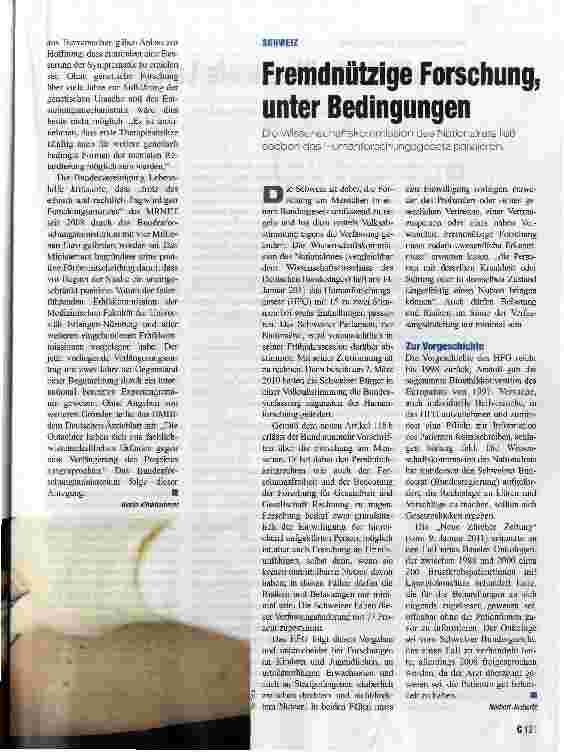 Vorschauseite 1: Fremdnützige Forschung, unter BedingungenDie Wissenschaftskommission des Nationalrats ließ soeben das Humanforschungsgesetz passieren.