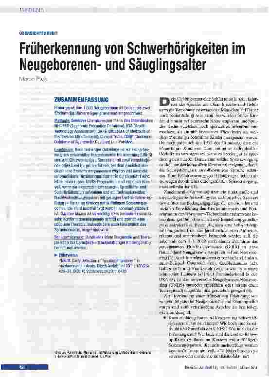 Vorschauseite 1: Früherkennung von Schwerhörigkeiten im Neugeborenenund Säuglingsalter