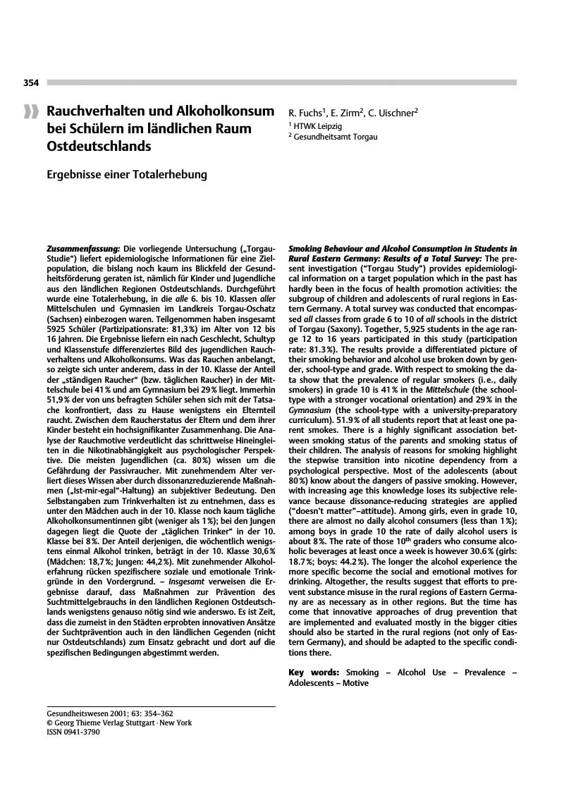 Vorschauseite 1: Rauchverhalten und Alkoholkonsum bei Schülern im ländlichen Raum Ostdeutschlands