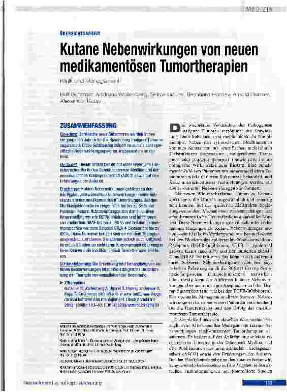 Vorschauseite 1: Kutane Nebenwirkungen von neuen medikamentösen Tumortherapien