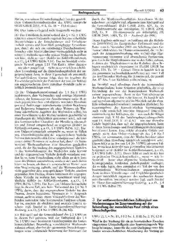 Vorschauseite 1: Zur wettbewerbsrechtlichen Zulässigkeit von Werbeaussagen im Zusammenhang mit der Behandlung der menschlichen Haut mittels eines Ultraschallgerätes UWG §§ 3, 4 Nr. 11, 5 I 2 Nr. 1…