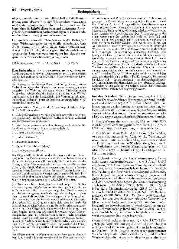 Vorschauseite 2: Zur wettbewerbsrechtlichen Zulässigkeit von Werbeaussagen im Zusammenhang mit der Behandlung der menschlichen Haut mittels eines Ultraschallgerätes UWG §§ 3, 4 Nr. 11, 5 I 2 Nr. 1…