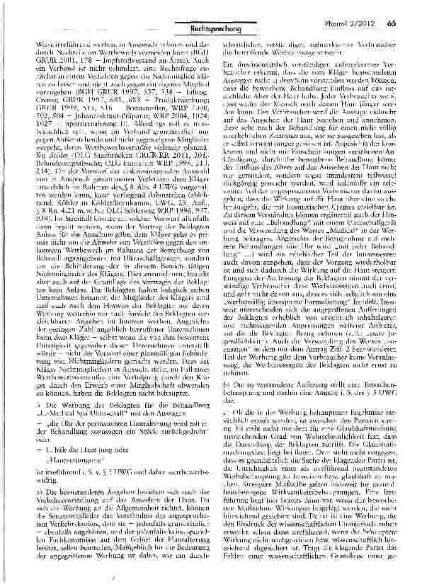 Vorschauseite 3: Zur wettbewerbsrechtlichen Zulässigkeit von Werbeaussagen im Zusammenhang mit der Behandlung der menschlichen Haut mittels eines Ultraschallgerätes UWG §§ 3, 4 Nr. 11, 5 I 2 Nr. 1…