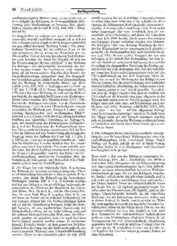 Vorschauseite 4: Zur wettbewerbsrechtlichen Zulässigkeit von Werbeaussagen im Zusammenhang mit der Behandlung der menschlichen Haut mittels eines Ultraschallgerätes UWG §§ 3, 4 Nr. 11, 5 I 2 Nr. 1…