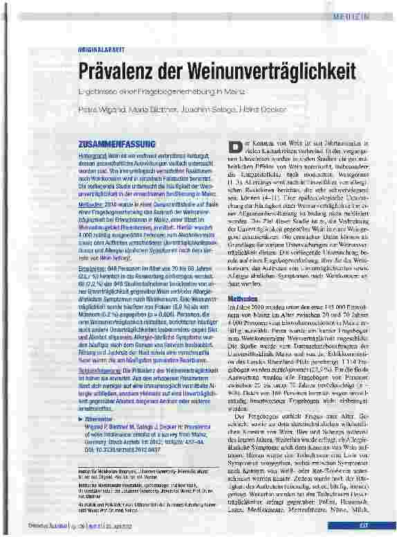 Vorschauseite 1: Prävalenz der Weinunverträglichkeit