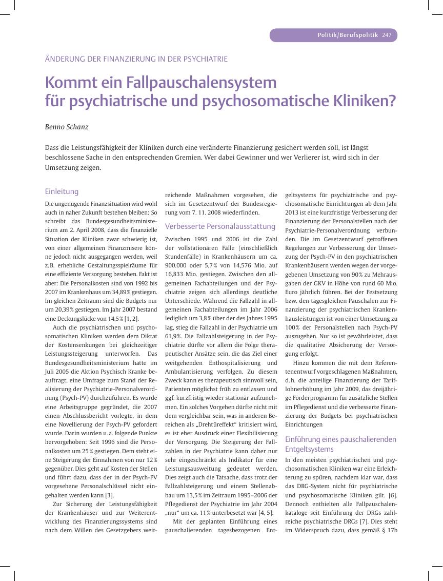 Vorschauseite 1: Kommt ein Fallpauschalensystem für psychiatrische und psychosomatische Kliniken?