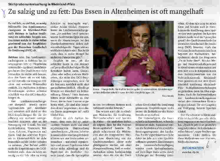 Vorschauseite 1: Zu salzig und zu fett: Das Essen in Altenheimen ist oft mangelhaft
