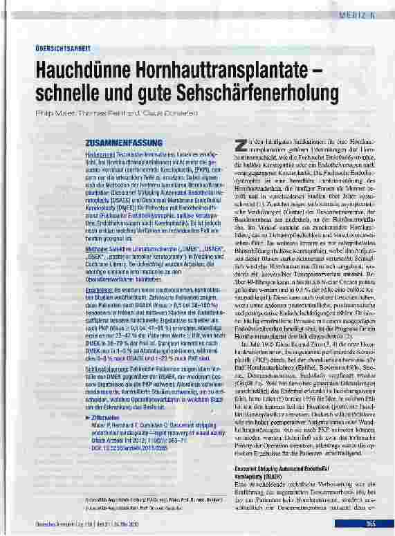 Vorschauseite 1: Hauchdünne Hornhauttransplantate -schnelle und gute Sehschärfenerholung