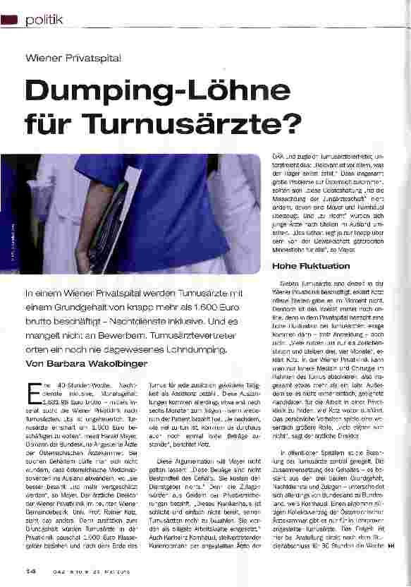 Vorschauseite 1: Dumping-Löhne für Turnusärzte?