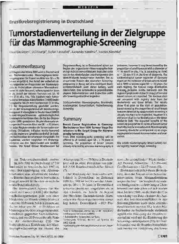 Vorschauseite 1: Tumorstadienverteilung in der Zielgruppe für das Mammographie-Screening