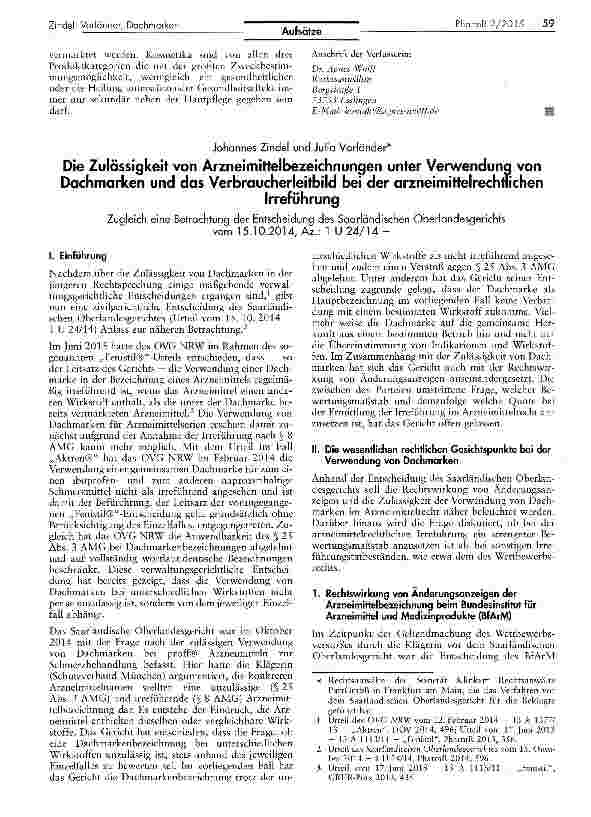 Vorschauseite 1: Die Zulässigkeit von Arzneimittelbezeichnungen unter Verwendung von Dachmarken und das Verbraucherleitbild bei der arzneimittelrechtlichenIrreführung