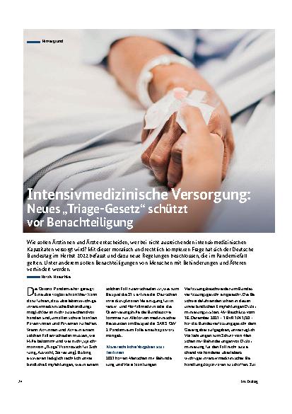 Vorschauseite 1: Intensivmedizinische Versorgung: Neues „Triage-Gesetz“ schützt vor Benachteiligung