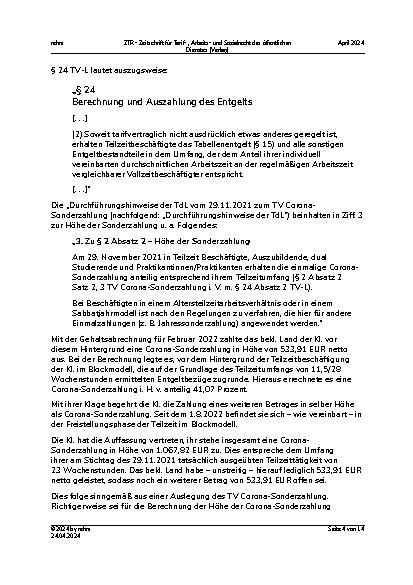 Vorschauseite 4: Höhe des Anspruchs auf Corona-Sonderzahlung in der Ansparphase einer Block-Teilzeit