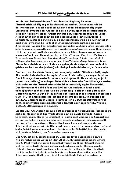 Vorschauseite 5: Höhe des Anspruchs auf Corona-Sonderzahlung in der Ansparphase einer Block-Teilzeit