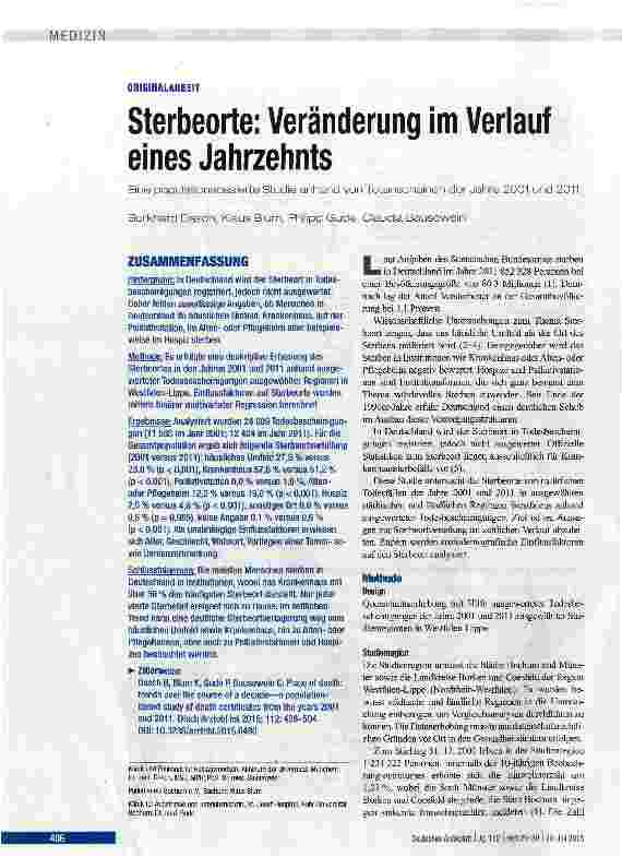Vorschauseite 1: Sterbeorte: Veränderung im Verlauf eines Jahrzehnts