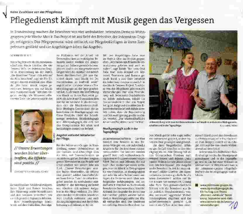 Vorschauseite 1: Pflegedienst kämpft mit Musik gegen das Vergessen